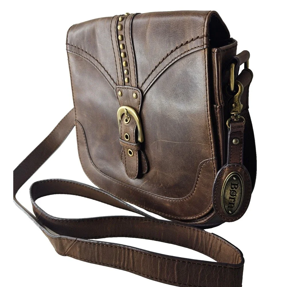 BORN Studded Brown Leather Crossbody Bag, Womens Medium - Picture 4 of 11